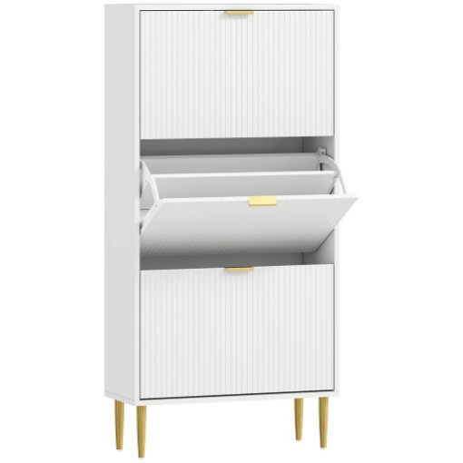 SCARPIERA SLIM PER 18 PAIA DI SCARPE CON 3 CASSETTI A RIBALTA E RIPIANI REGOLABILI, 60X24X128 CM, BIANCO