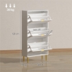 SCARPIERA SLIM PER 18 PAIA DI SCARPE CON 3 CASSETTI A RIBALTA E RIPIANI REGOLABILI, 60X24X128 CM, BIANCO