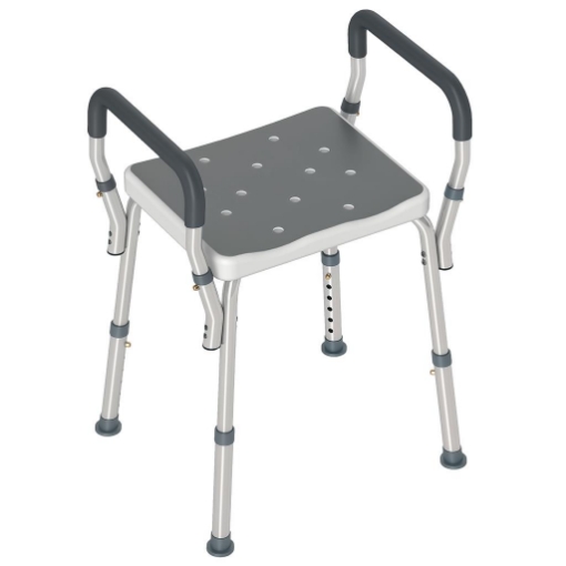 SGABELLO PER DOCCIA REGOLABILE CON BRACCIOLI E FORI DI DRENAGGIO IN ALLUMINIO, 52X45X57-69 CM, GRIGIO