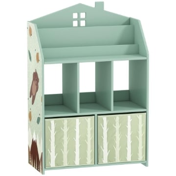 SCAFFALE PORTAGIOCHI BAMBINI IN LEGNO FSC, 2 CONTENITORI RIMOVIBILI IN TESSUTO E RIPIANI, PER CAMERETTA, VERDE