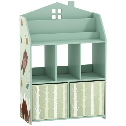 SCAFFALE PORTAGIOCHI BAMBINI IN LEGNO FSC, 2 CONTENITORI RIMOVIBILI IN TESSUTO E RIPIANI, PER CAMERETTA, VERDE