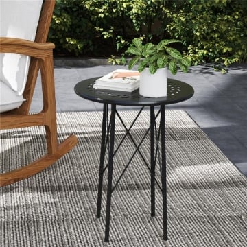 TAVOLINO DA GIARDINO CON INTAGLI A FIORI E FOGLIE, TAVOLO DA ESTERNO E INTERNO, Ï40X50 CM, NERO