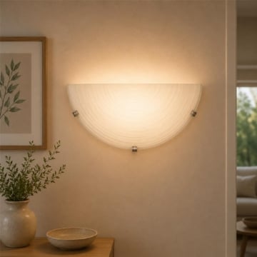 APPLIQUE GISELLA 1XE27 GANCI CROMO VETRO LASTRA BIANCO DECORATO SPIRALE Ø30-H.15-P.10 CM OKX