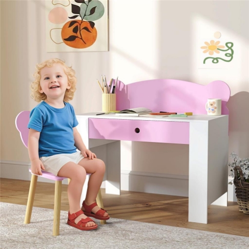 SET SCRIVANIA PER BAMBINI CON CASSETTO E SEDIA CON SCHIENALE A ORSETTO, ETÓ 3-8 ANNI, ROSA