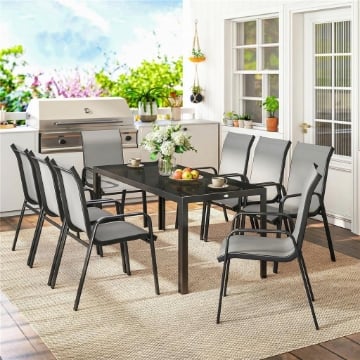 SET DA ESTERNO 9PZ CON 8 SEDIE IMPILABILI IN TEXTELINE E TAVOLINO DA CAFFÞ CON PIANO IN VETRO, GRIGIO CHIARO