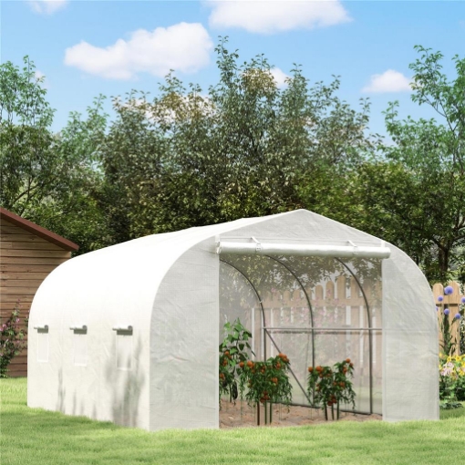 SERRA A TUNNEL PER GIARDINO CON 6 FINESTRE E PORTA A RULLO IN ACCIAIO E PE 3.5X3X2 M BIANCO