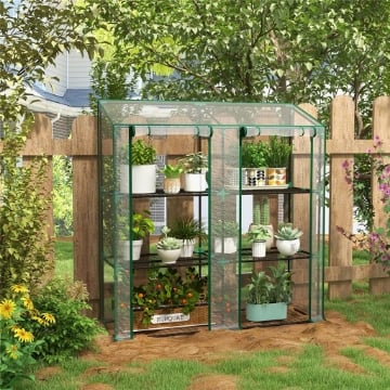 SERRA DA GIARDINO CON COPERTURA IN PE, 6 MENSOLE E 2 PORTE AVVOLGIBILI, 143X46X151CM, TRASPARENTE