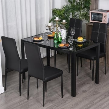 SET TAVOLO IN METALLO E VETRO CON 4 SEDIE IMBOTTITE NERO