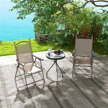 SET 2 SEDIE PIEGHEVOLI DA GIARDINO CON BRACCIOLI E SEDUTA IN TESSUTO TRASPIRANTE, MARRONE