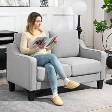 DIVANO 2 POSTI MODERNO E SALVASPAZIO IN TESSUTO EFFETTO LINO, 136X77X86 CMº, GRIGIO CHIARO