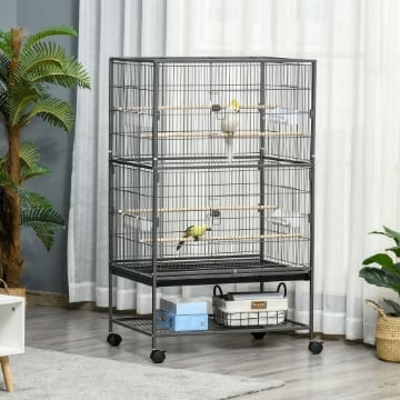 GABBIA PER UCCELLI DA INTERNI IN LEGNO CON VASSOIO, 4 RUOTE E TRESPOLO, 78X52X132CM