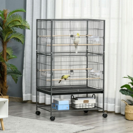 GABBIA PER UCCELLI DA INTERNI IN LEGNO CON VASSOIO, 4 RUOTE E TRESPOLO, 78X52X132CM