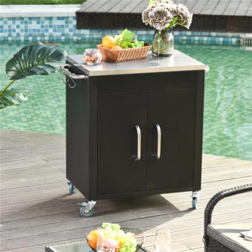 CARRELLO DA CUCINA IN ACCIAIO INOX CON ARMADIETTO CONTENITORE E 6 GANCI, 86X50X86.5 CM, NERO