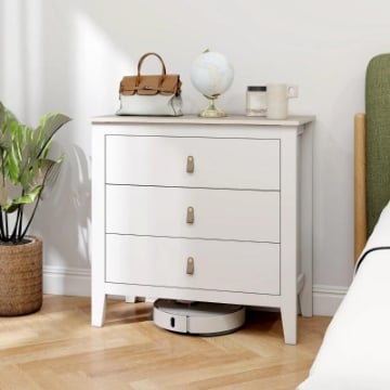 CASSETTIERA PER CAMERA DA LETTO A 3 CASSETTI CON MANIGLIE IN FINTA PELLE, 80X40X78.5 CM, BIANCO