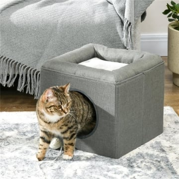 CASETTA PER GATTI A 2 LIVELLI CON CUSCINO IN PELUCHE, IN LEGNO, POLIESTERE E PLASTICA, 36.5X36.5X33 CM, VERDE