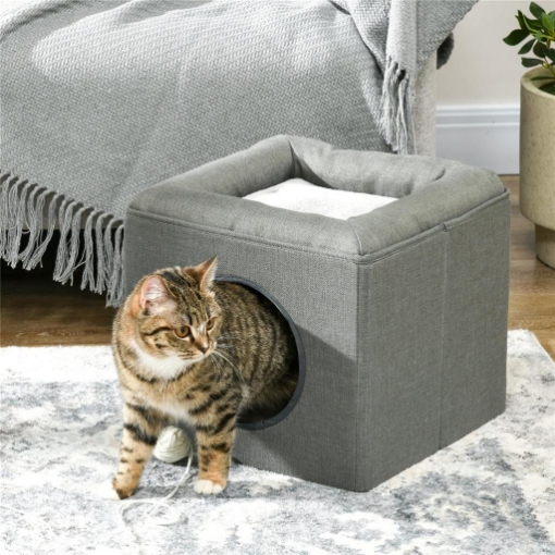 CASETTA PER GATTI A 2 LIVELLI CON CUSCINO IN PELUCHE, IN LEGNO, POLIESTERE E PLASTICA, 36.5X36.5X33 CM, VERDE