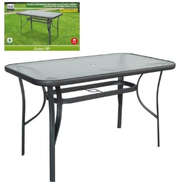 TAVOLO RETTANGOLARE DA GIARDINO CON FORO OMBRELLONE E PIANO IN VETRO - DIMENSIONI  120X70 CM 
