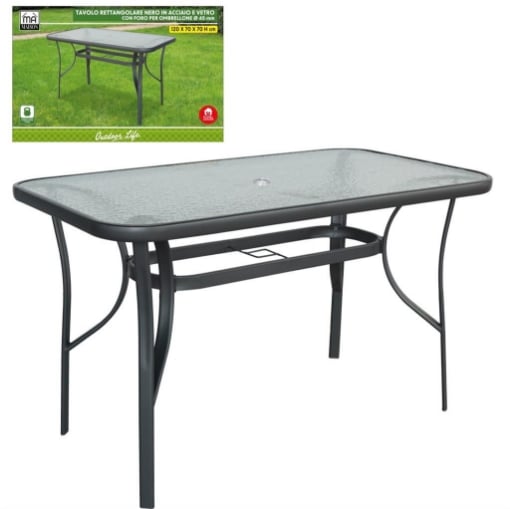 TAVOLO RETTANGOLARE DA GIARDINO CON FORO OMBRELLONE E PIANO IN VETRO - DIMENSIONI  120X70 CM 