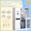 SET CUCINA GIOCATTOLO IN LEGNO CON FORNELLO CON LUCI E SUONI, LAVELLO CON CIRCOLO D'ACQUA E ACCESSORI, BIANCO