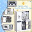 SET CUCINA GIOCATTOLO IN LEGNO CON FORNELLO CON LUCI E SUONI, LAVELLO CON CIRCOLO D'ACQUA E ACCESSORI, BIANCO
