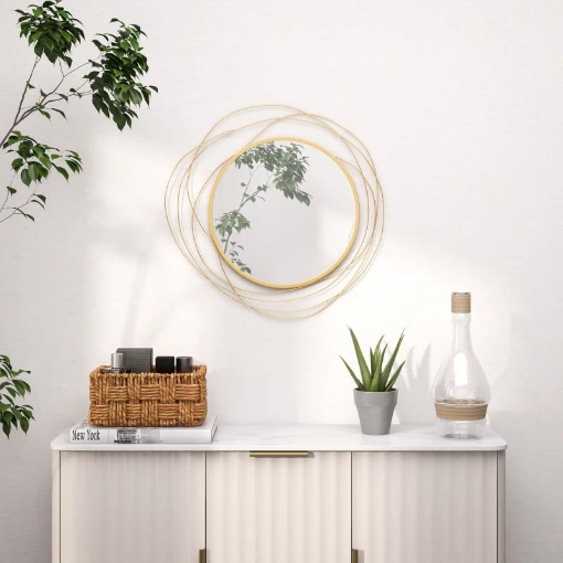 SPECCHIO MODERNO E ROTONDO DECORATIVO A MURO CON GANCI, IN VETRO E METALLO, Ø65X1 CM, ORO