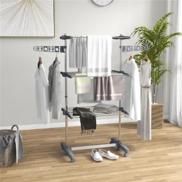STENDINO VERTICALE CON 3 RIPIANI REGOLABILI IN ACCIAIO E PLASTICA 142X55X152 CM GRIGIO E ARGENTO
