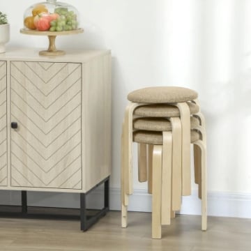 SET 4 SGABELLI IMPILABILI E IMBOTTITI CON RIVESTIMENTO IN TESSUTO E GAMBE IN LEGNO, CACHI