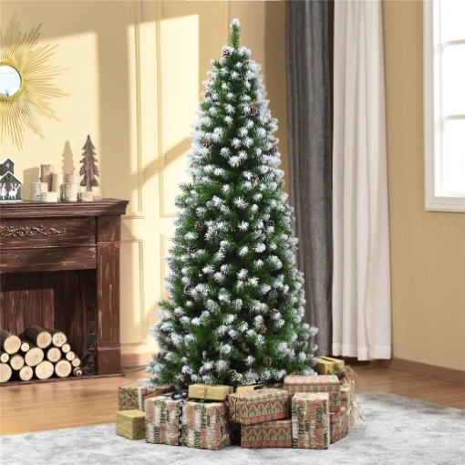 ALBERO DI NATALE INNEVATO DA 180 CM CON 630 RAMI E 37 PIGNE, IN PLASTICA E METALLO, VERDE E BIANCO