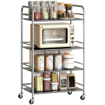 CARRELLO MULTIUSO A 4 LIVELLI CON 2 RIPIANI REGOLABILI E BORDI RIALZATI, IN ACCIAIO INOX, 60X35X100 CM