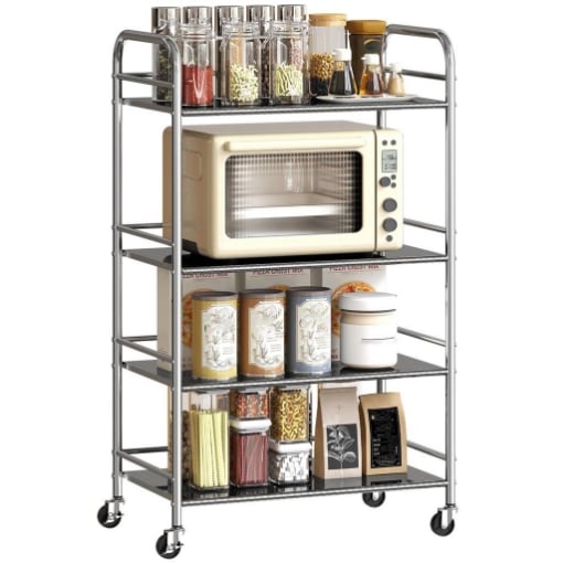 CARRELLO MULTIUSO A 4 LIVELLI CON 2 RIPIANI REGOLABILI E BORDI RIALZATI, IN ACCIAIO INOX, 60X35X100 CM