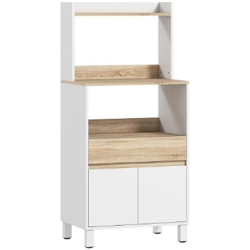 MOBILETTO PER MICROONDE IN LEGNO CON MENSOLA, RIPIANO APERTO, CASSETTO E ARMADIETTO, 60X40X131 CM, BIANCO