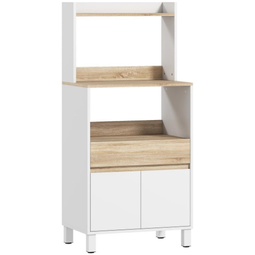 MOBILETTO PER MICROONDE IN LEGNO CON MENSOLA, RIPIANO APERTO, CASSETTO E ARMADIETTO, 60X40X131 CM, BIANCO