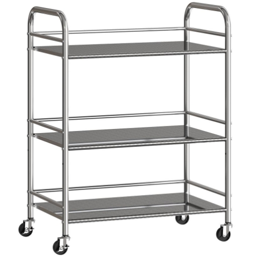 CARRELLO MULTIUSO A 4 LIVELLI CON RIPIANO CENTRALE REGOLABILE E BORDI RIALZATI, IN ACCIAIO INOX, 60X35X77 CM