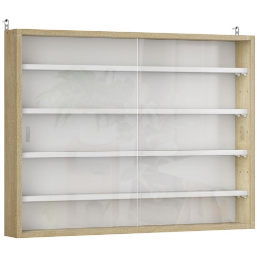 BACHECA PORTAOGGETTI A 4 RIPIANI REGOLABILI IN LEGNO CON ANTE IN VETRO, 80X9.5X60 CM, BIANCO E COLOR LEGNO