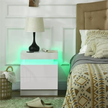 COMODINO CON LUCE LED RGB E 2 CASSETTI, 4 MODALITÀ DI LUCE E 16 COLORI, 45X35X52CM, BIANCO