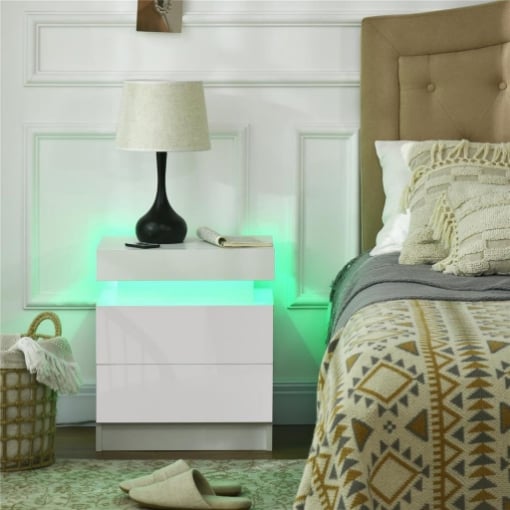 COMODINO CON LUCE LED RGB E 2 CASSETTI, 4 MODALITÀ DI LUCE E 16 COLORI, 45X35X52CM, BIANCO
