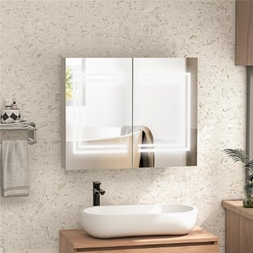 SPECCHIO BAGNO CONTENITORE CON LUCE LED, 80 X 65CM MOBILE BAGNO CON SPECCHIO, ANTA SOFT CLOSE, DIMMERABILE A 3 COLORI, RIPIANI REGOLABILI, BIANCO LUCIDO