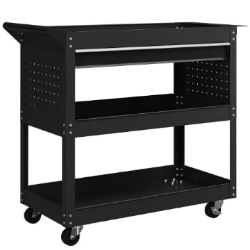 CARRELLO 3 LIVELLI IN ACCIAIO CON CASSETTO, PORTA UTENSILI LATERALE E MANIGLIA, NERO