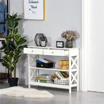 TAVOLO CONSOLLE CON 2 CASSETTI E 2 MENSOLE IN MDF 100 X 30.5 X 80 CM BIANCO