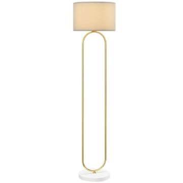 LAMPADA DA TERRA MODERNA CON PARALUME IN TESSUTO, DOPPIO TUBO METALLICO E INTERRUTTORE A PEDALE, ORO