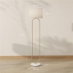 LAMPADA DA TERRA MODERNA CON PARALUME IN TESSUTO, DOPPIO TUBO METALLICO E INTERRUTTORE A PEDALE, ORO