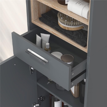 COLONNA BAGNO MODERNA CON CASSETTO E ARMADIETTI IN LEGNO E LEGA DI ALLUMINIO, 40X24X160 CM, GRIGIO