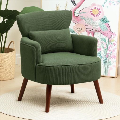 POLTRONA MODERNA IMBOTTITA IN VELLUTO CON CUSCINO LOMBARE, SCHIENALE E GAMBE IN LEGNO, VERDE