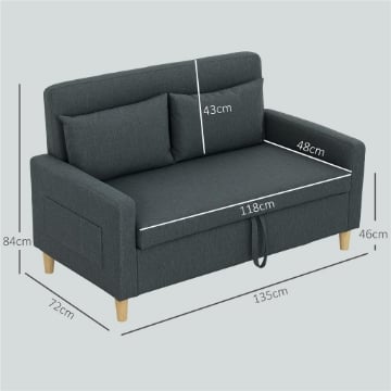 DIVANO 2 POSTI CON SPAZIO PORTAOGGETTI E CUSCINI IN TESSUTO EFFETTO LINO E LEGNO 135X72X84 CM GRIGIO CARBONE