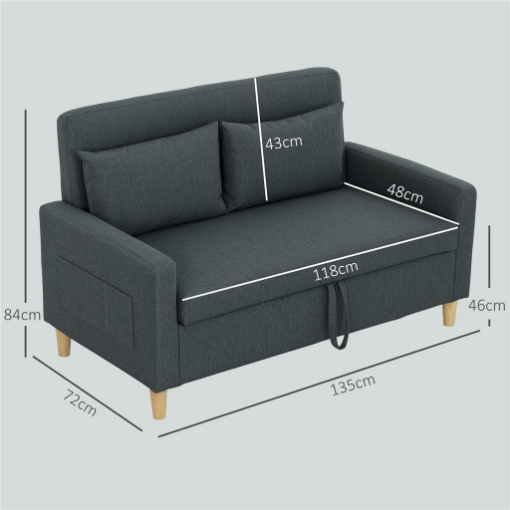 DIVANO 2 POSTI CON SPAZIO PORTAOGGETTI E CUSCINI IN TESSUTO EFFETTO LINO E LEGNO 135X72X84 CM GRIGIO CARBONE