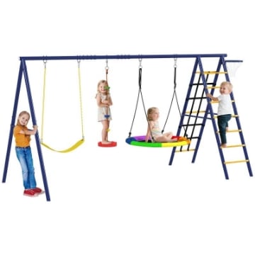 GIOCO PER BAMBINI 3-8 ANNI CON 3 ALTALENE SCALA A CORDA E CANESTRO BASKET IN ACCIAIO PE E PP 3.5X1.8X2 M