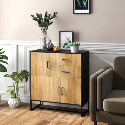 CREDENZA MODERNA CON 3 ARMADIETTI E 2 CASSETTI IN TRUCIOLATO E ACCIAIO 80X35X88 CM NERO E COLOR LEGNO