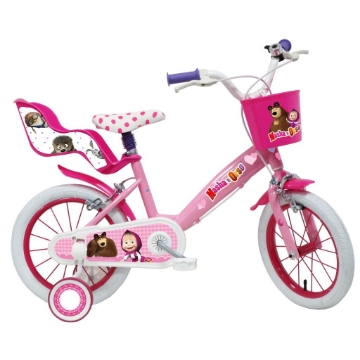 BICICLETTA 14 POLLICI DA BAMBINA CON ROTELLE + CESTINO - MASHA E ORSO