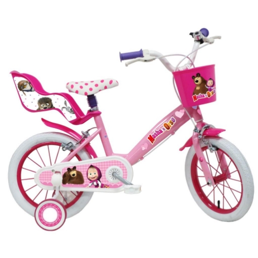 BICICLETTA 14 POLLICI DA BAMBINA CON ROTELLE + CESTINO - MASHA E ORSO