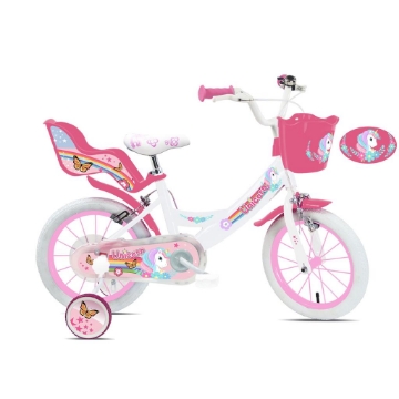 BICICLETTA 14 POLLICI DA BAMBINA CON ROTELLE + CESTINO - UNICORNO